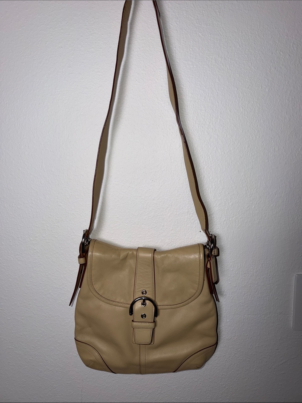 Coach Tan Leather Crossbody Bag with silver Buckle Detail